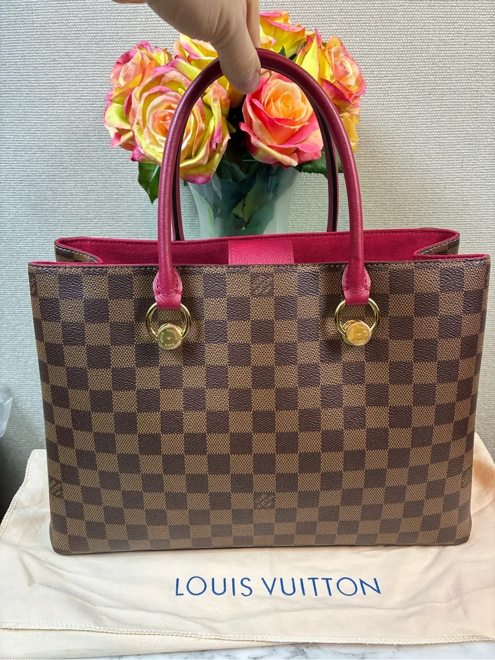 Louis Vuitton LV Damier Ebene Riverside Tote w/ Magenta Leather & LV Charm - NWT